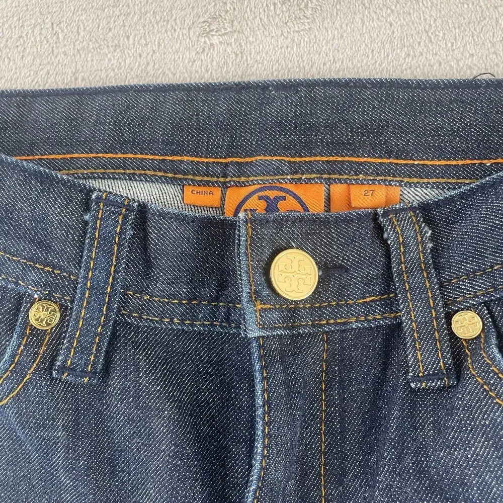 Tory‎ Burch Classic Tory Jeans in Dark Blue Women 27 BootCut Flare Gold Fishings